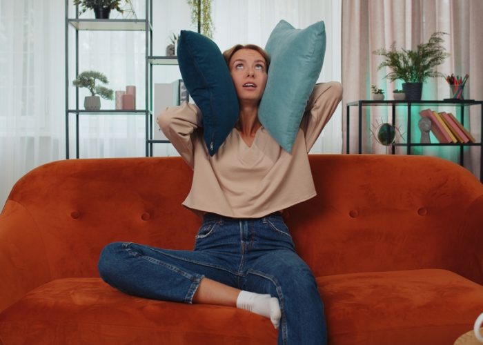 Repair,Work,At,Neighbours,Concept.,Irritated,Woman,Sit,On,Couch